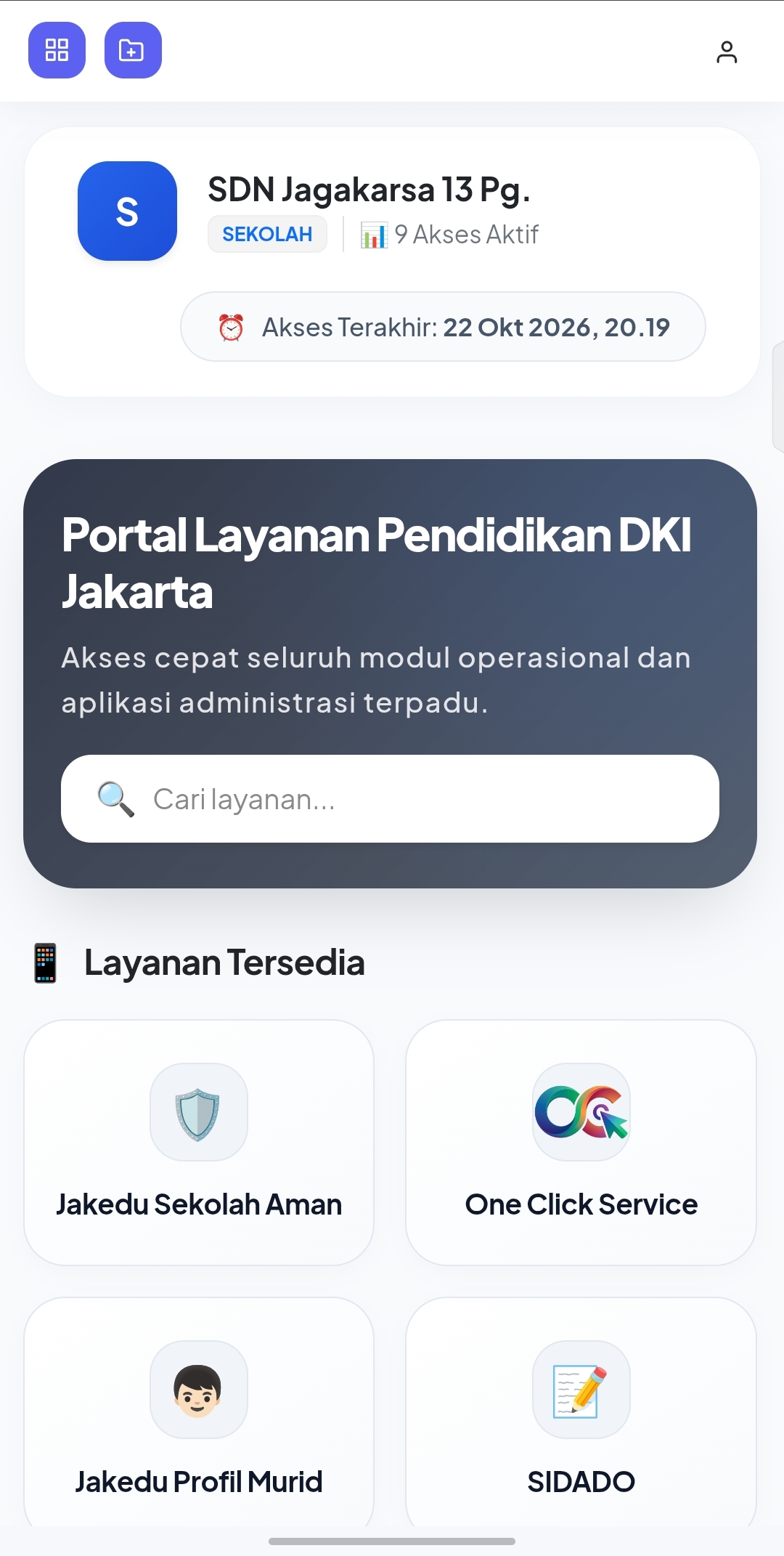 Dasbor aplikasi JakEdu — Portal Layanan Pendidikan DKI Jakarta